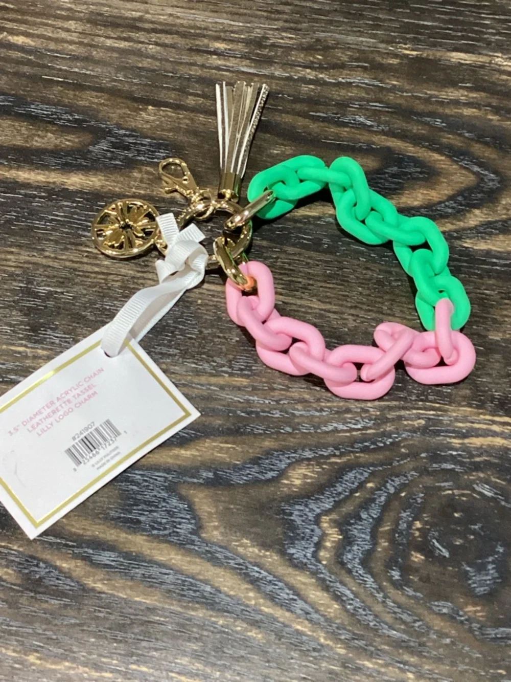 Lilly Pulitzer Spearmint Green Conch Shell Pink Chain and Gold Tassel Keychain